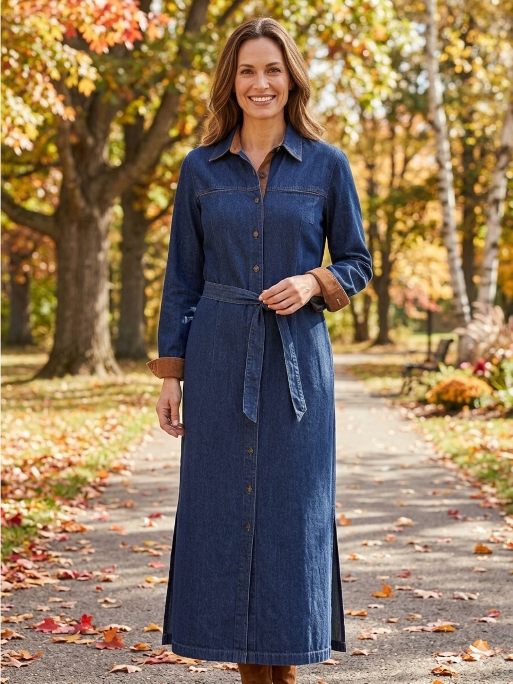Denim&Co Blue Denim Maxi Shirt Dress with Brown Contrast Cuffs